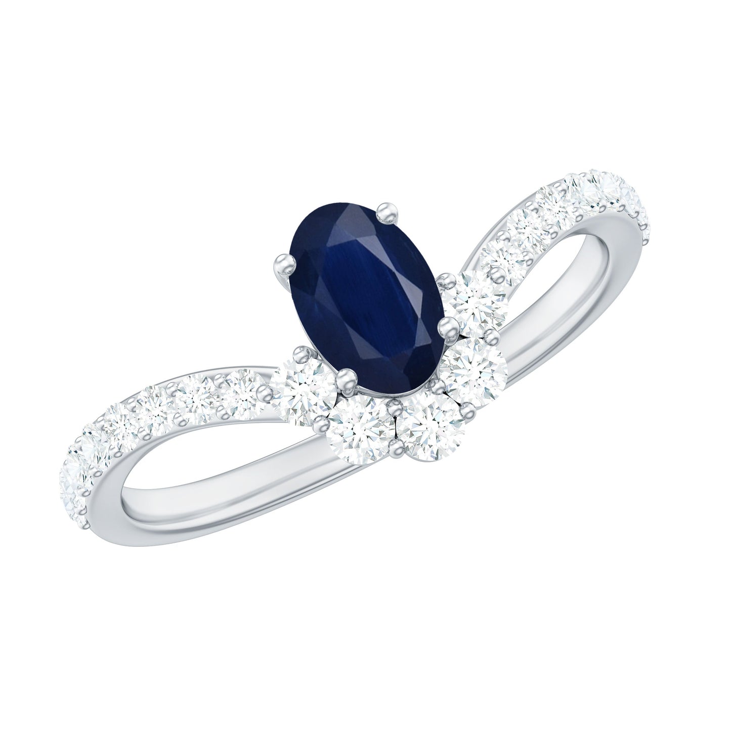 0.6 Carat Oval Cut Blue Sapphire and Diamond Chevron Ring