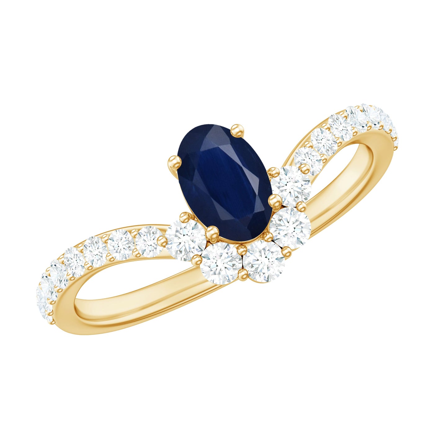 0.6 Carat Oval Cut Blue Sapphire and Diamond Chevron Ring
