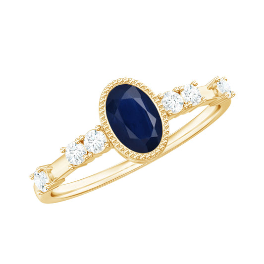 Vintage Looking Blue Sapphire Oval Engagement Ring with Diamond