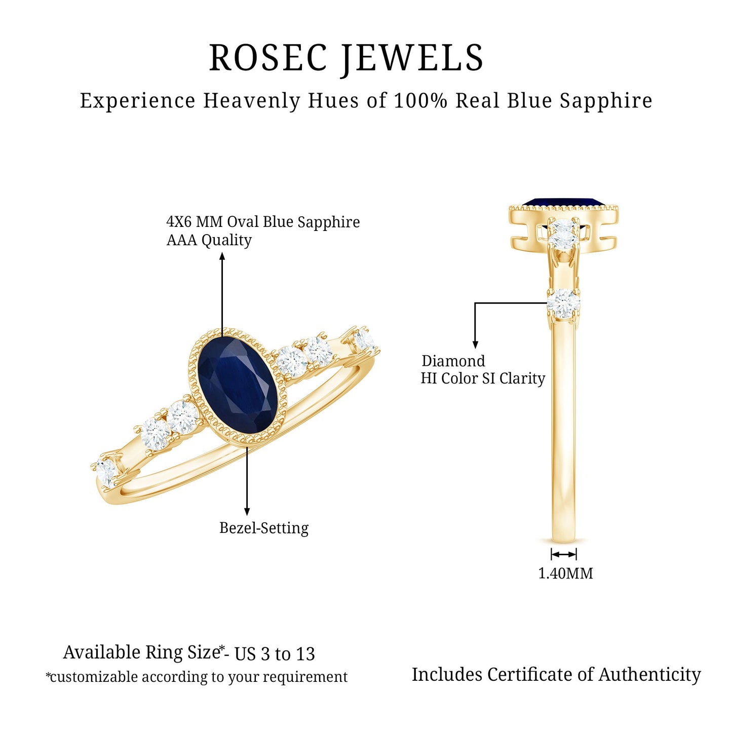 Vintage Looking Blue Sapphire Oval Engagement Ring with Diamond
