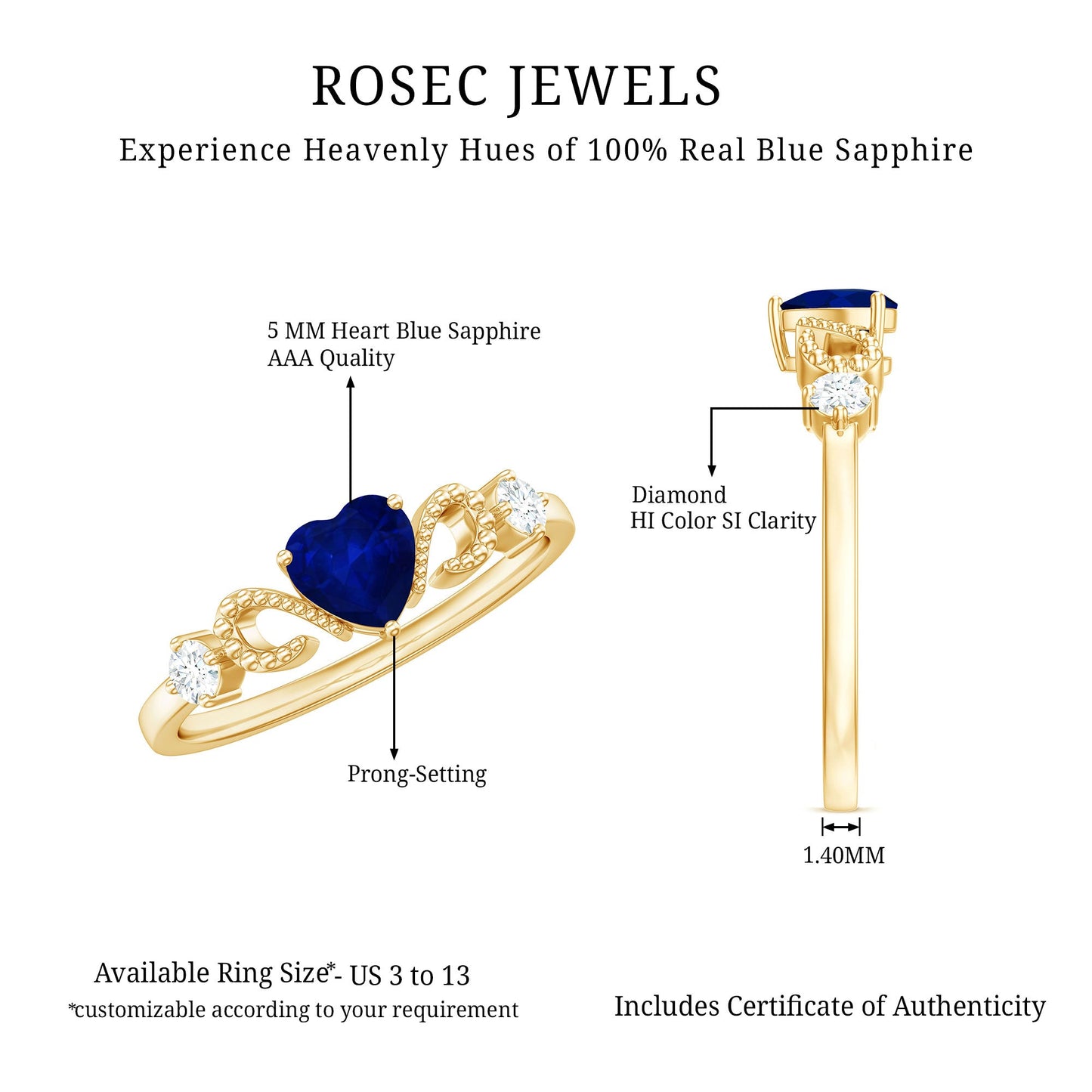 Natural 0.6 Carat Blue Sapphire Heart Promise Ring with Diamond