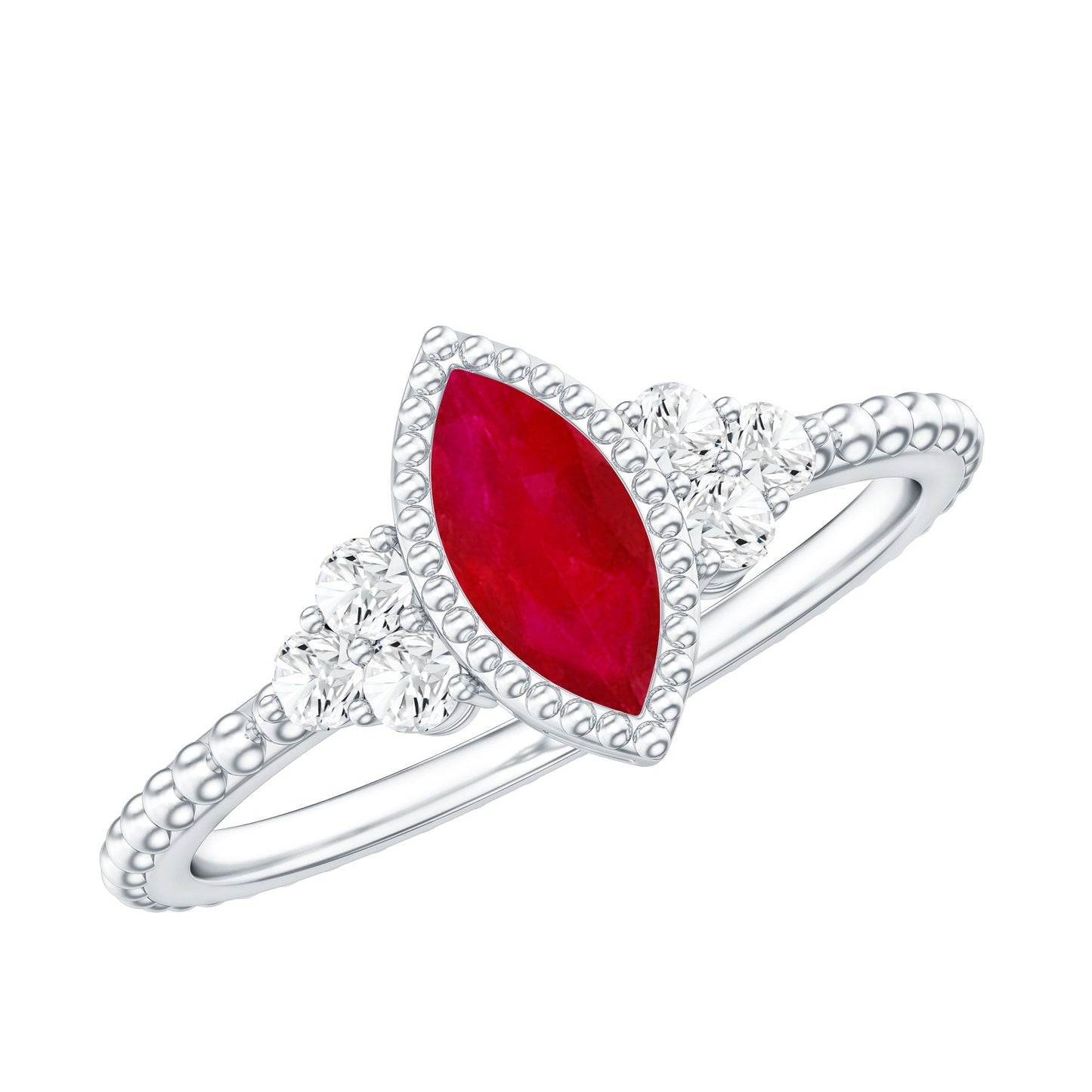 Vintage Style 0.75 Carat Ruby Marquise Engagement Ring with Diamond Trio
