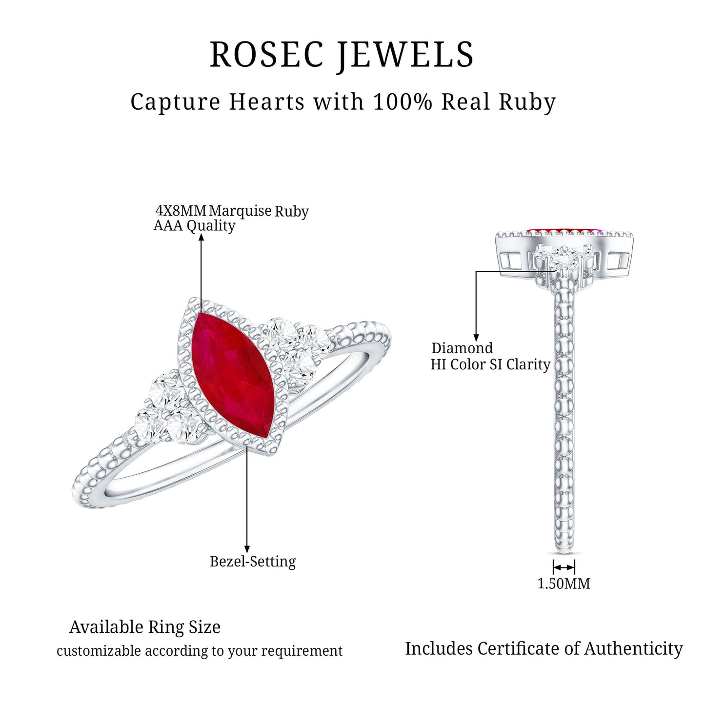 Vintage Style 0.75 Carat Ruby Marquise Engagement Ring with Diamond Trio