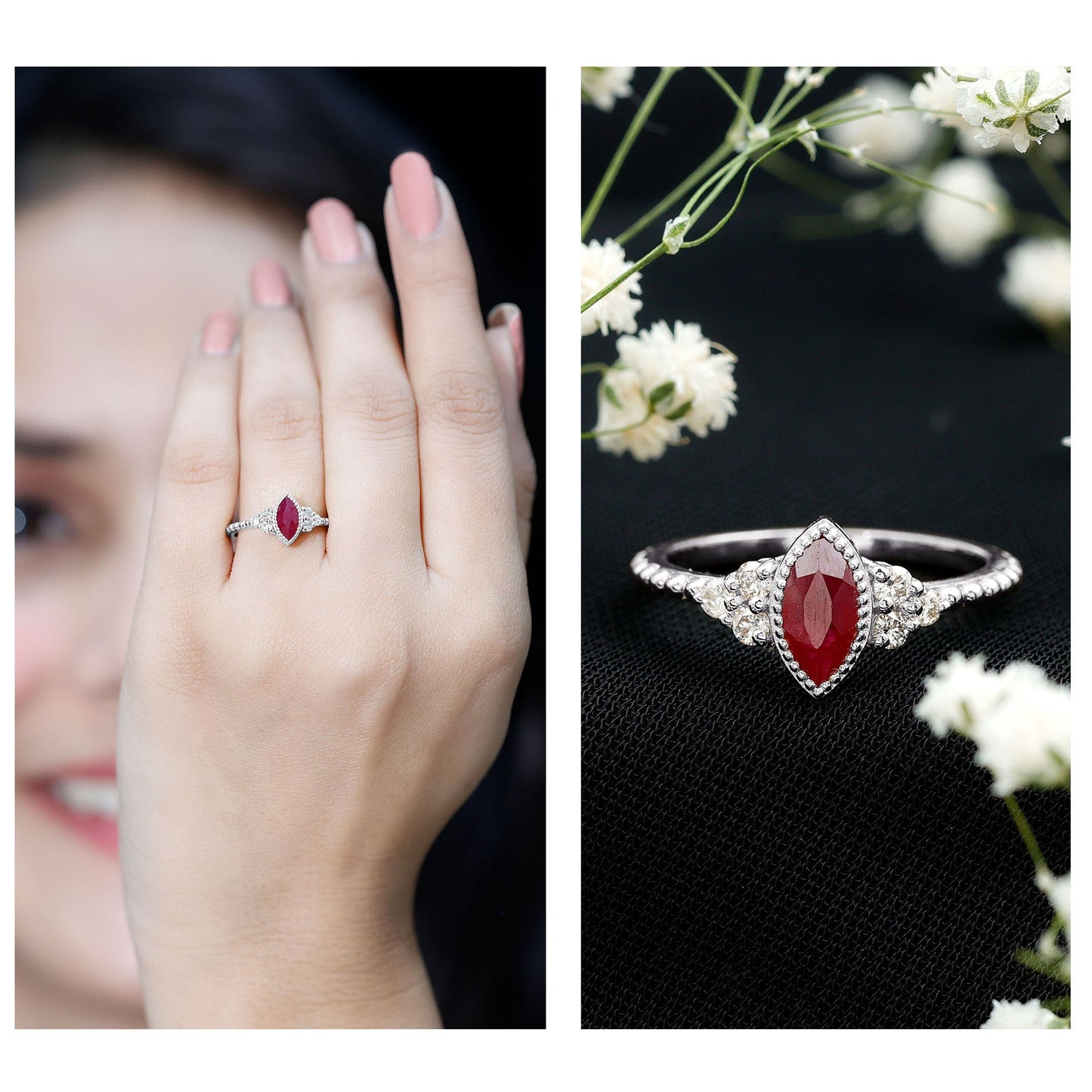 Vintage Style 0.75 Carat Ruby Marquise Engagement Ring with Diamond Trio
