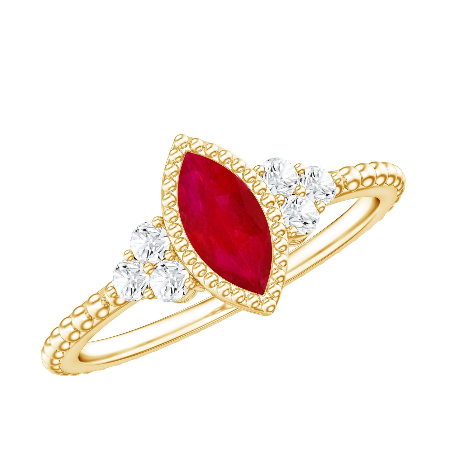 Vintage Style 0.75 Carat Ruby Marquise Engagement Ring with Diamond Trio