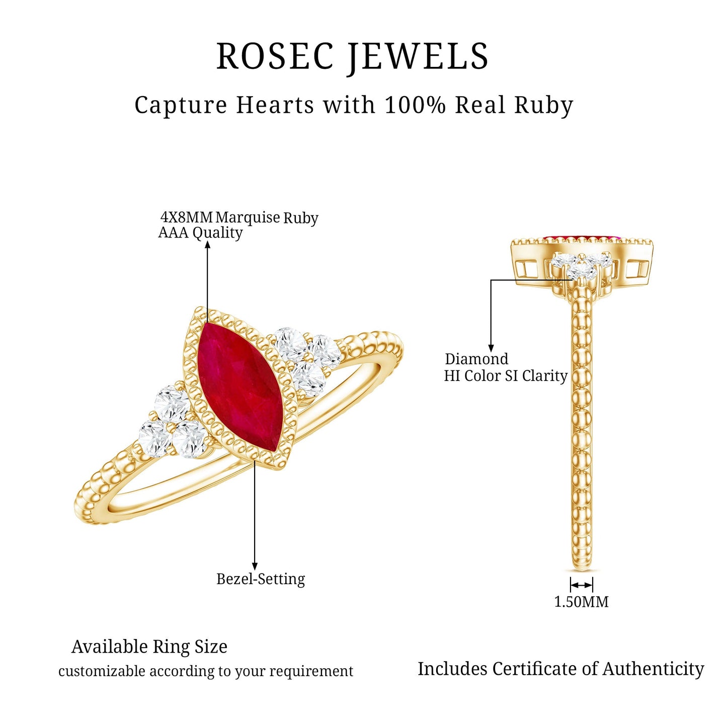 Vintage Style 0.75 Carat Ruby Marquise Engagement Ring with Diamond Trio