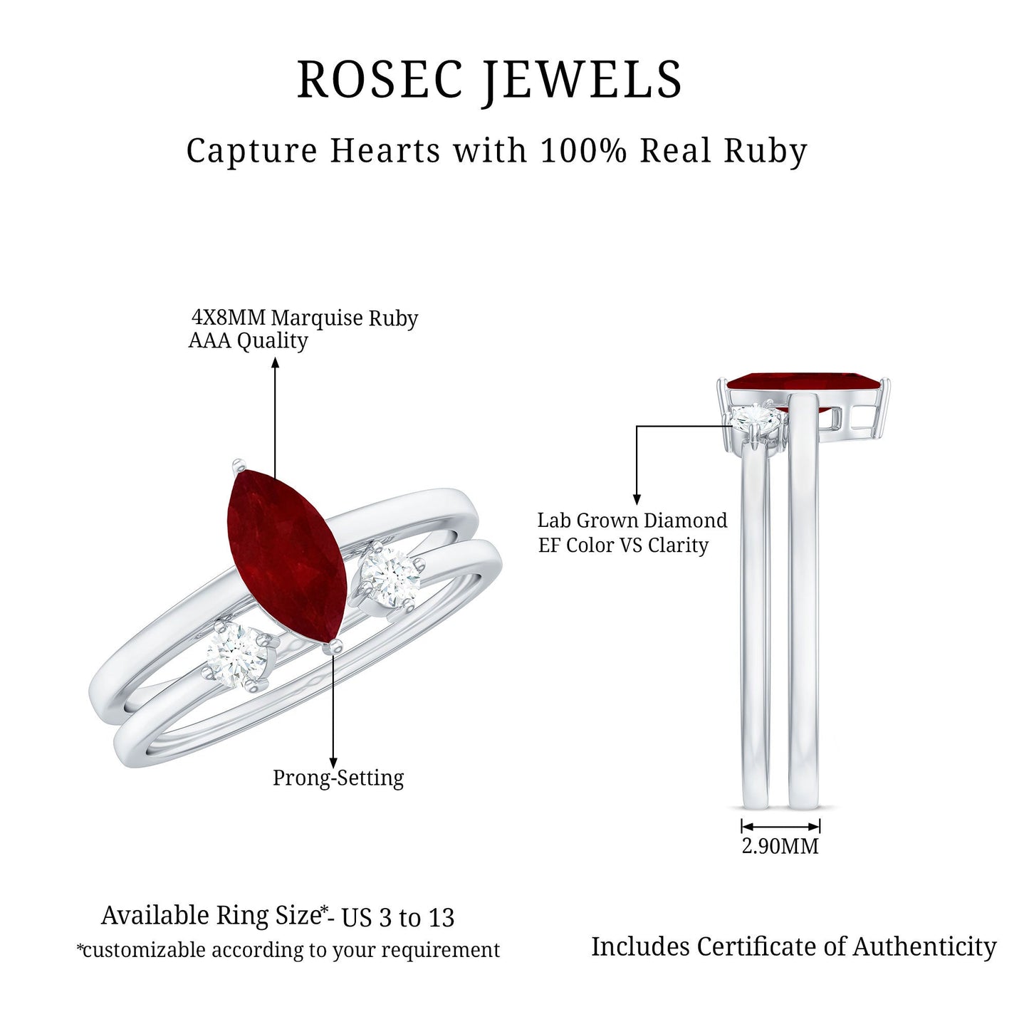 Certified Marquise Ruby Solitaire Wedding Ring Set with Diamond