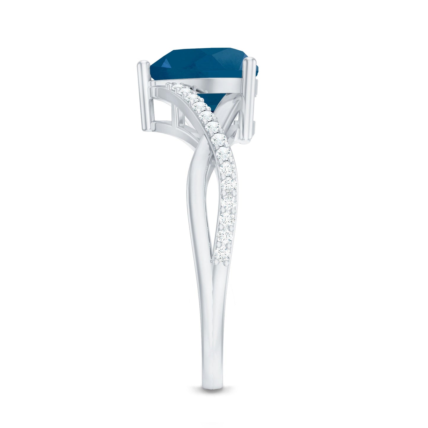 London Blue Topaz and Diamond Heart Engagement Ring in Crossover Band