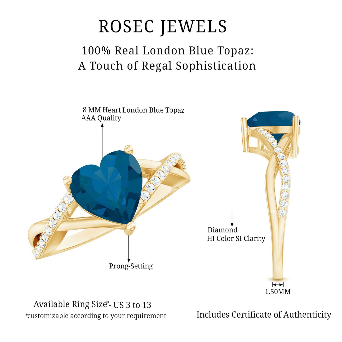 London Blue Topaz and Diamond Heart Engagement Ring in Crossover Band