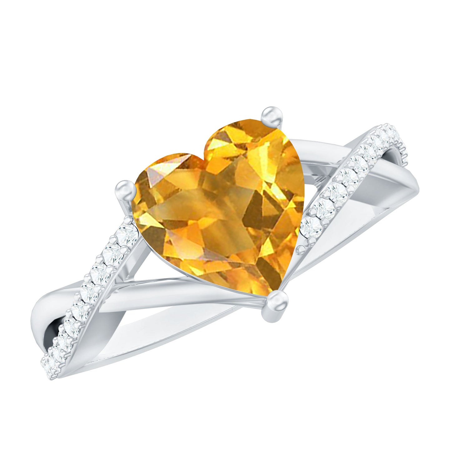 Natural 2 Carat Citrine Heart Engagement Ring with Diamond Crossover Shank