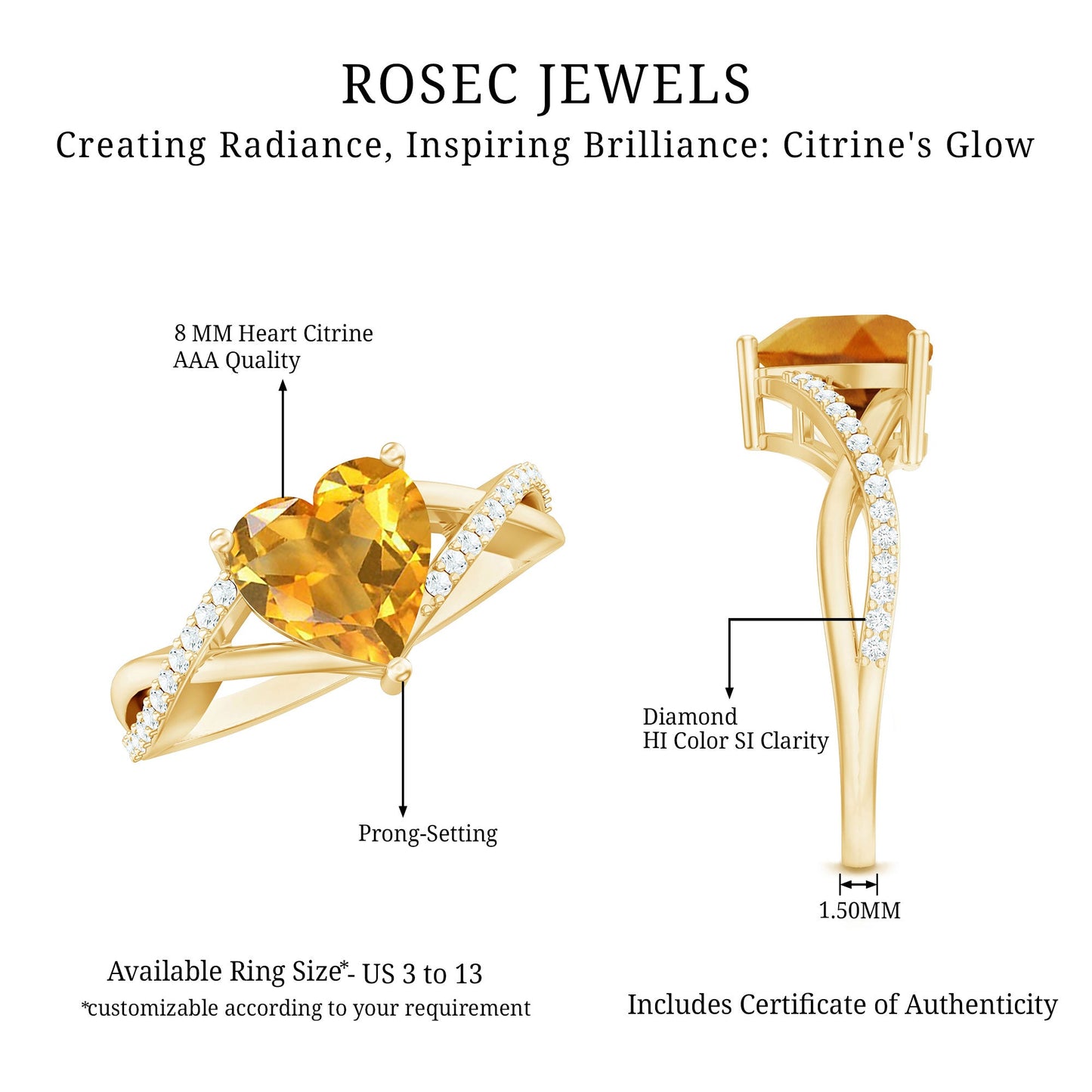 Natural 2 Carat Citrine Heart Engagement Ring with Diamond Crossover Shank