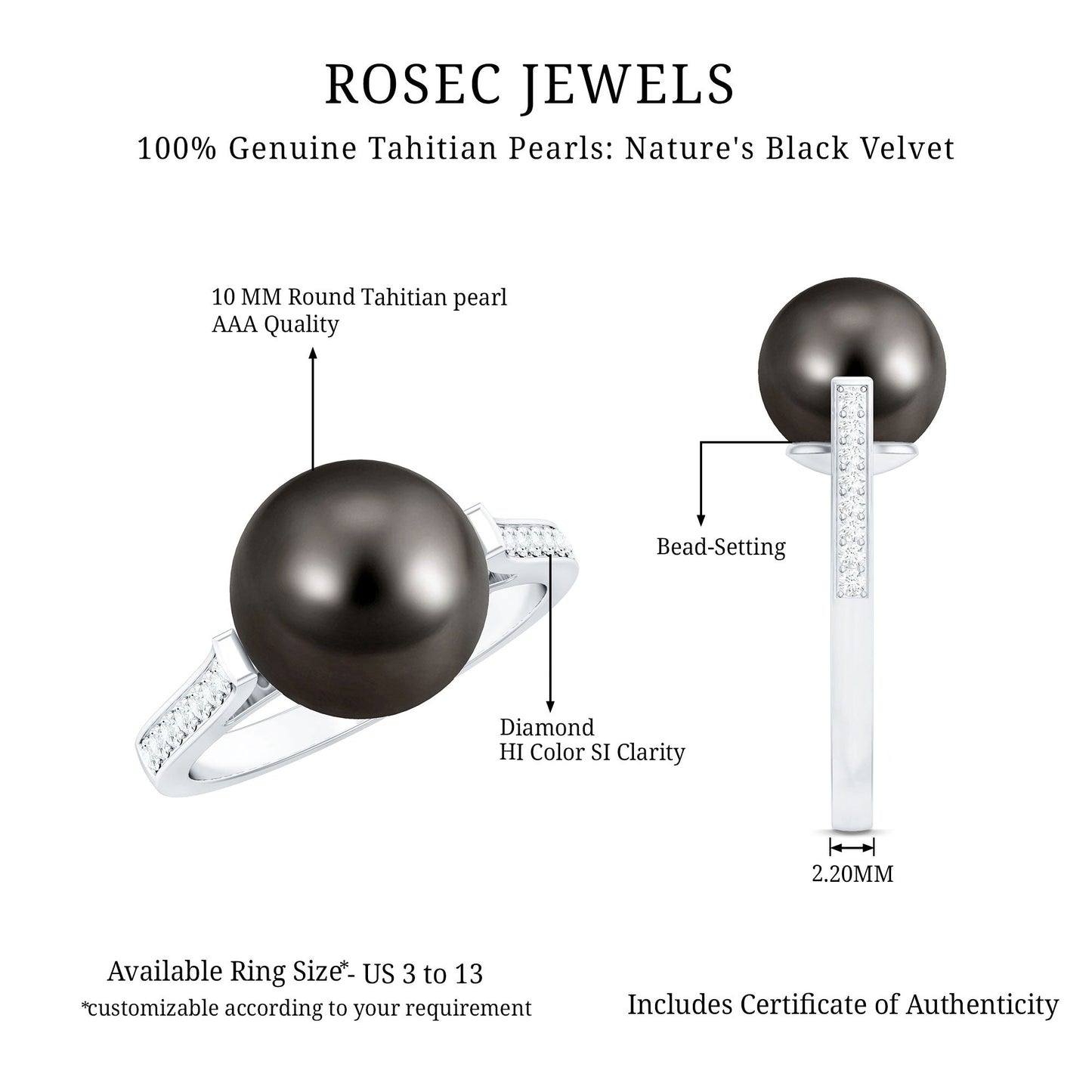 Real Tahitian Pearl Solitaire Engagement Ring with Diamond