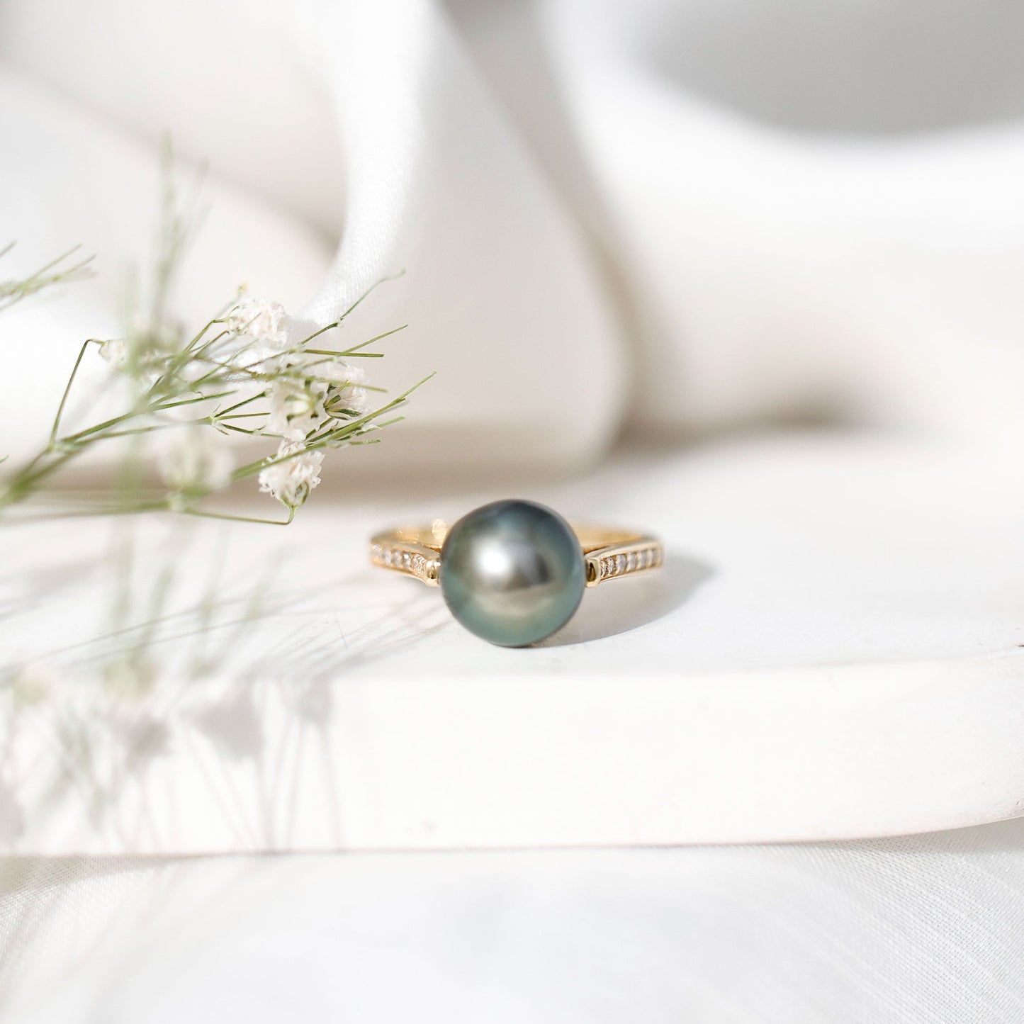 Real Tahitian Pearl Solitaire Engagement Ring with Diamond