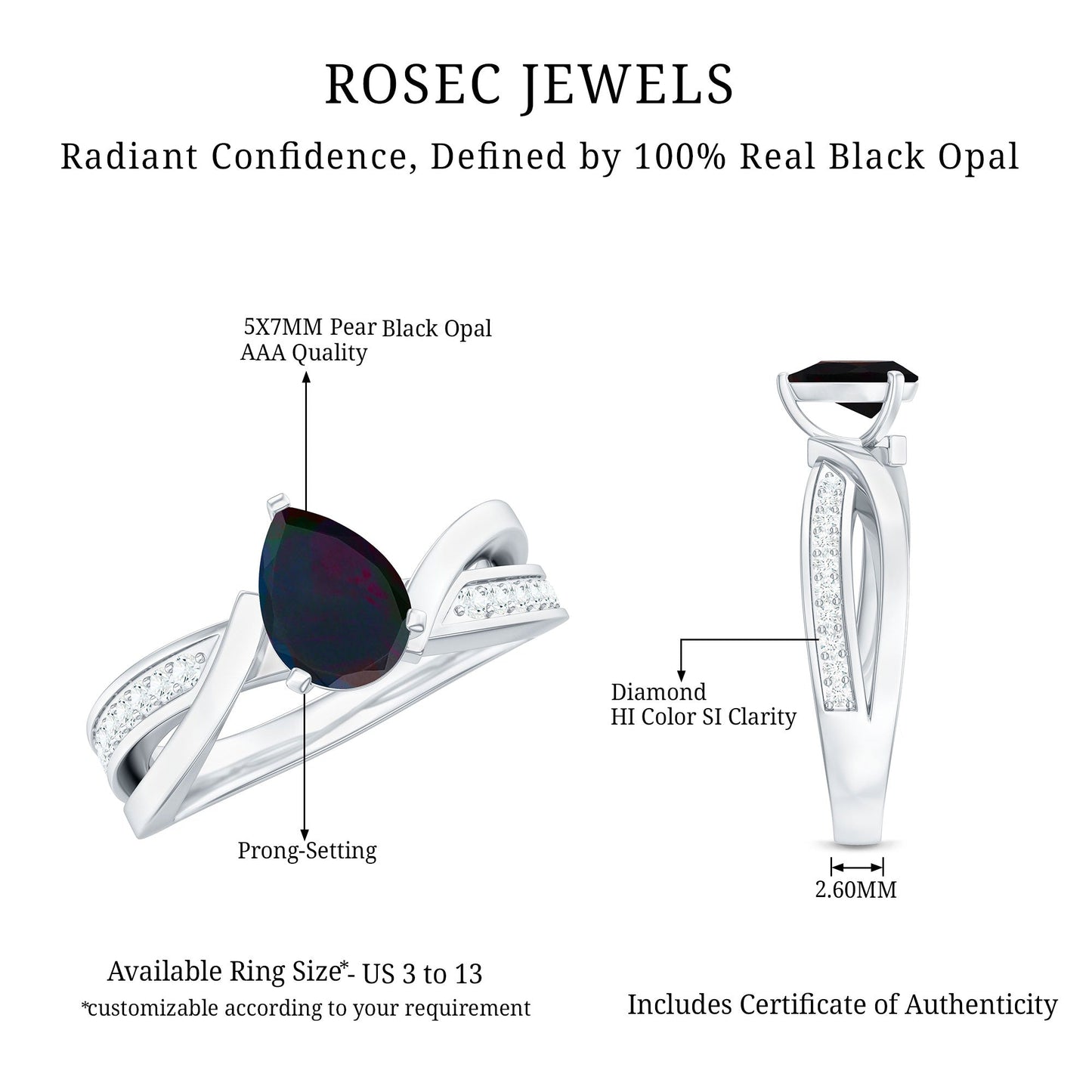 Pear Cut Solitaire Black Opal and Diamond Infinity Engagement Ring