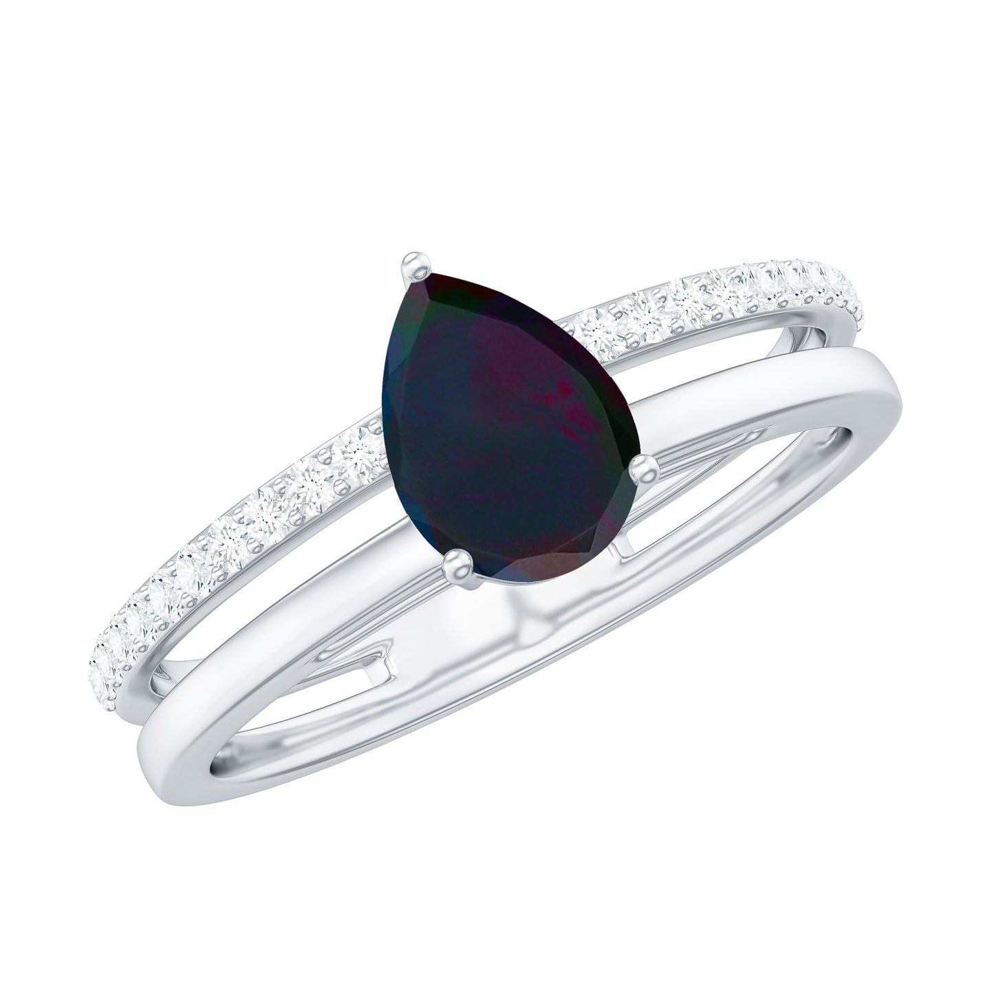 Pear Cut Black Opal and Diamond Double Band Engagement Ring