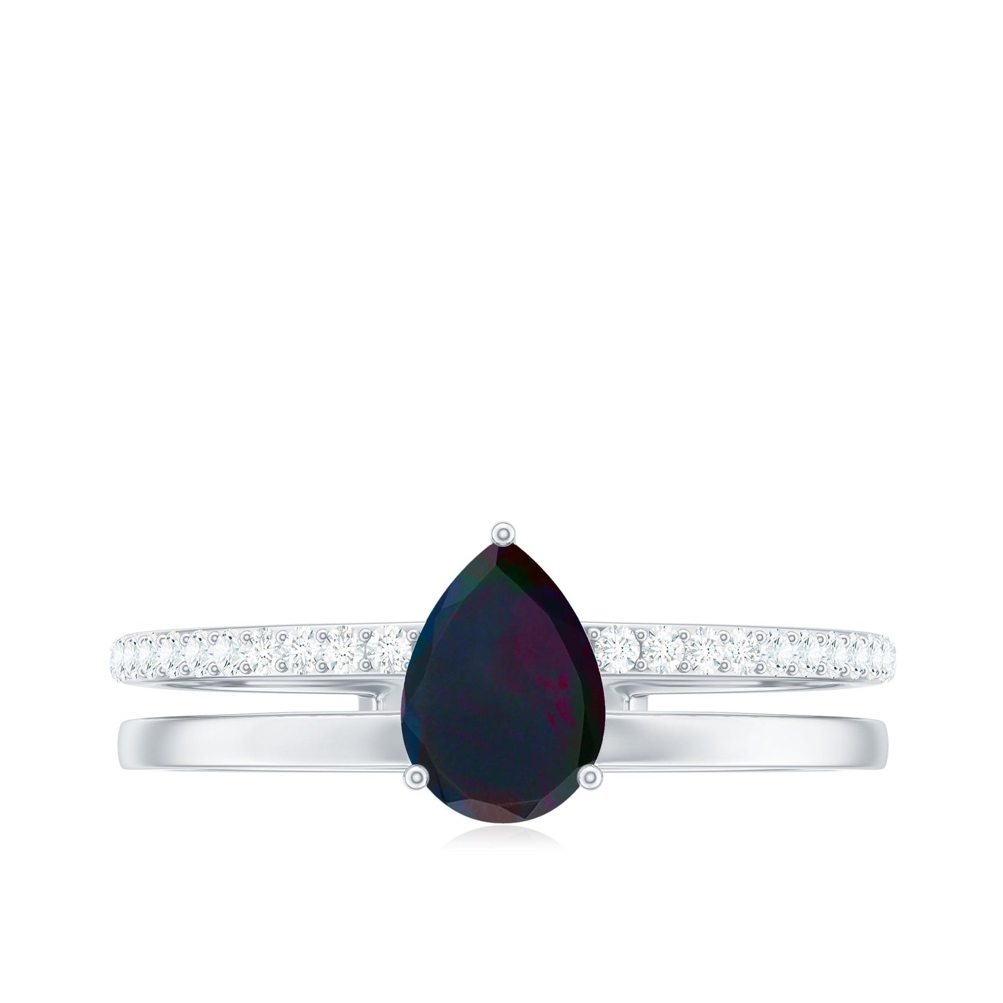 Pear Cut Black Opal and Diamond Double Band Engagement Ring
