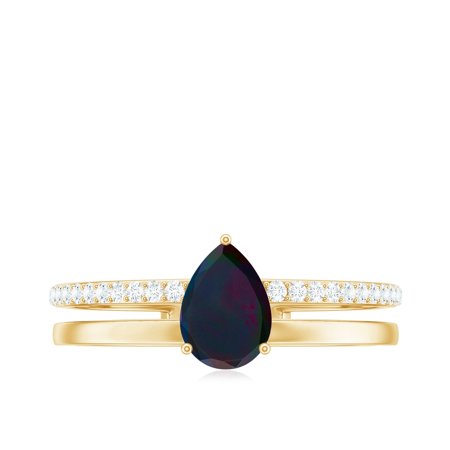 Pear Cut Black Opal and Diamond Double Band Engagement Ring