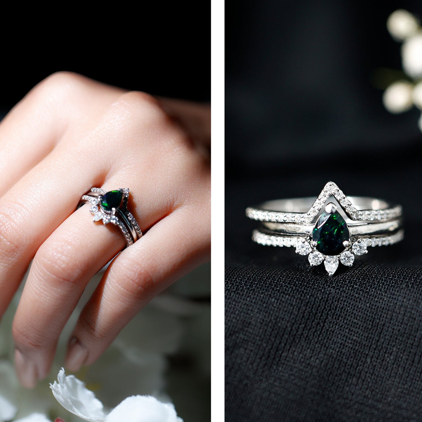 Natural Black Opal Bridal Ring Set With Moissanite