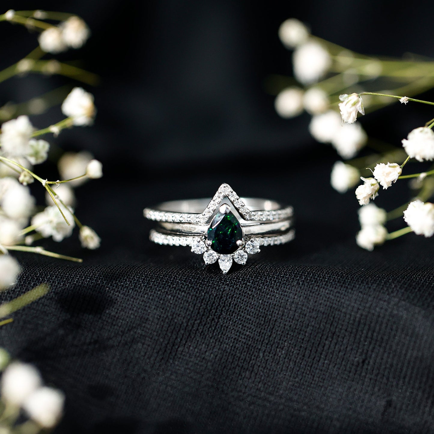 Natural Black Opal Bridal Ring Set With Moissanite