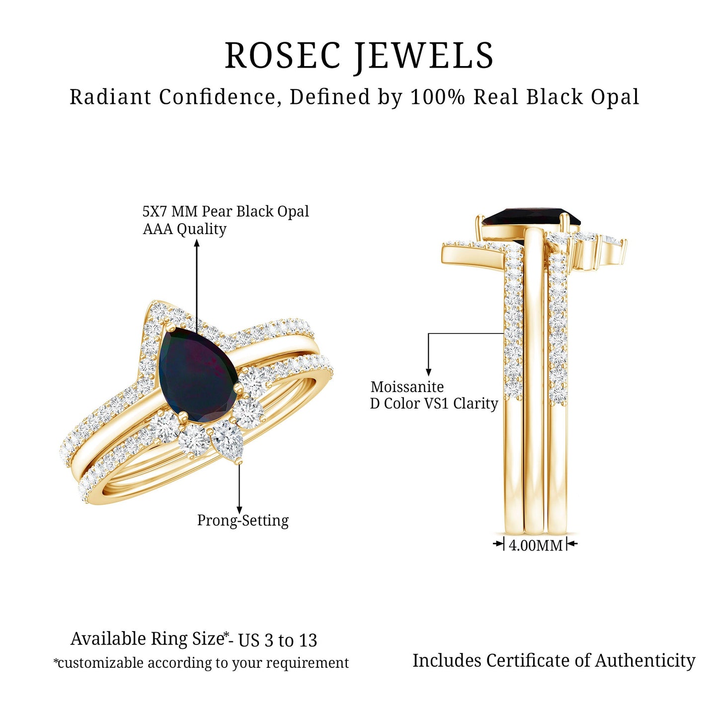 Natural Black Opal Bridal Ring Set With Moissanite