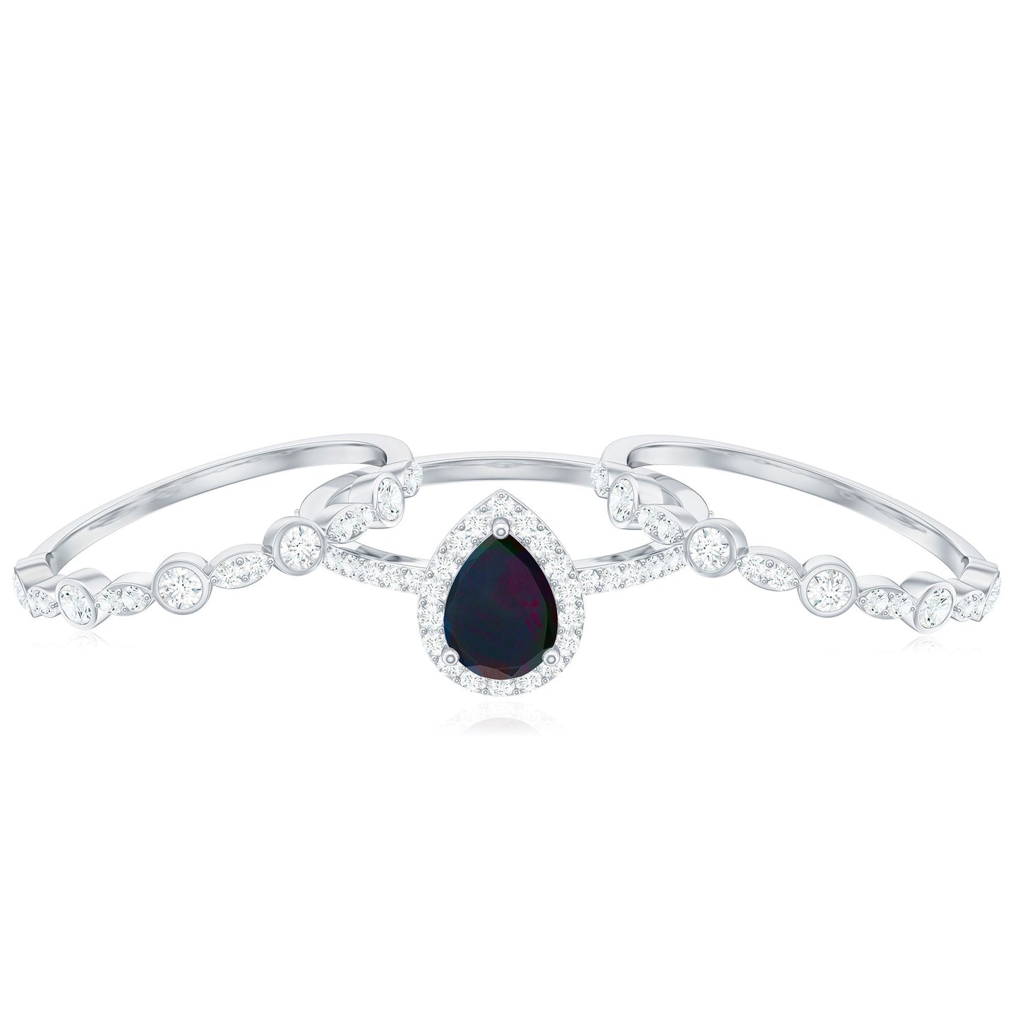 0.7 Carat Pear Cut Black Opal Trio Wedding Ring Set with Moissanite
