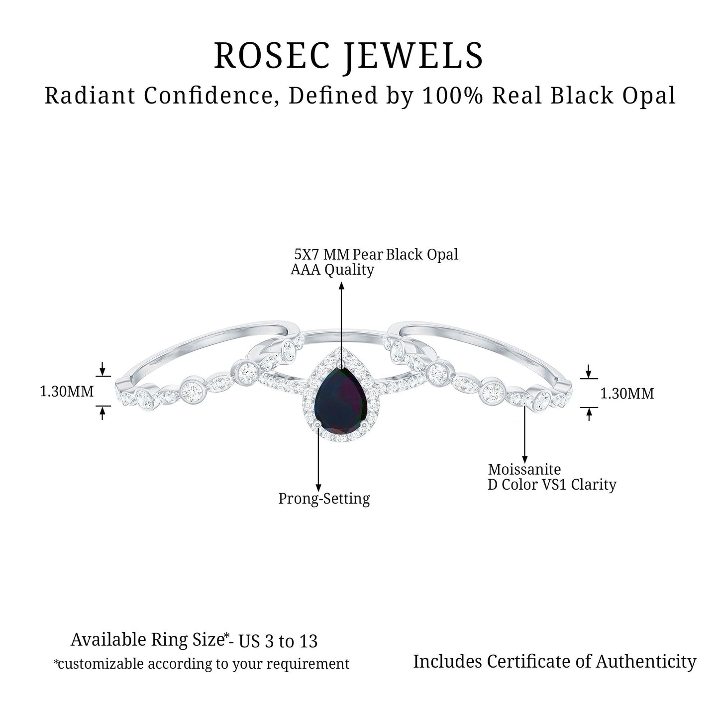0.7 Carat Pear Cut Black Opal Trio Wedding Ring Set with Moissanite