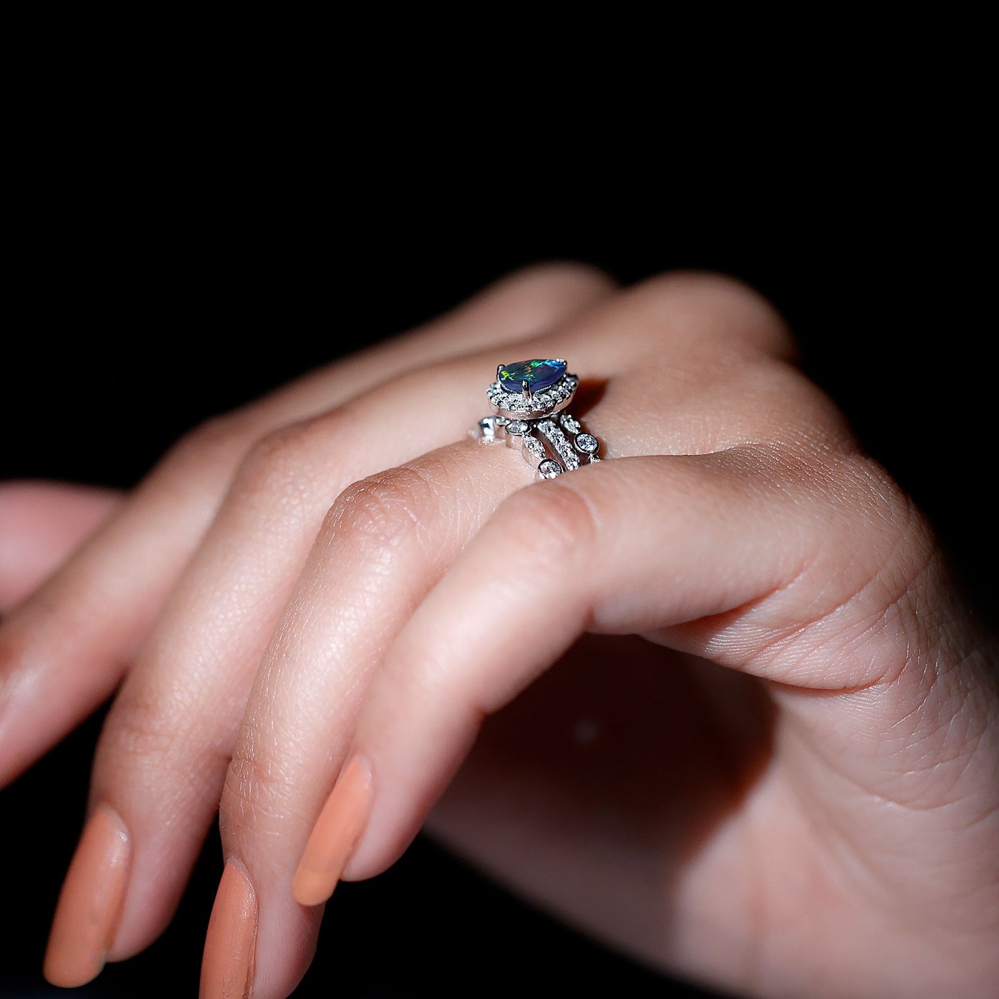 0.7 Carat Pear Cut Black Opal Trio Wedding Ring Set with Moissanite