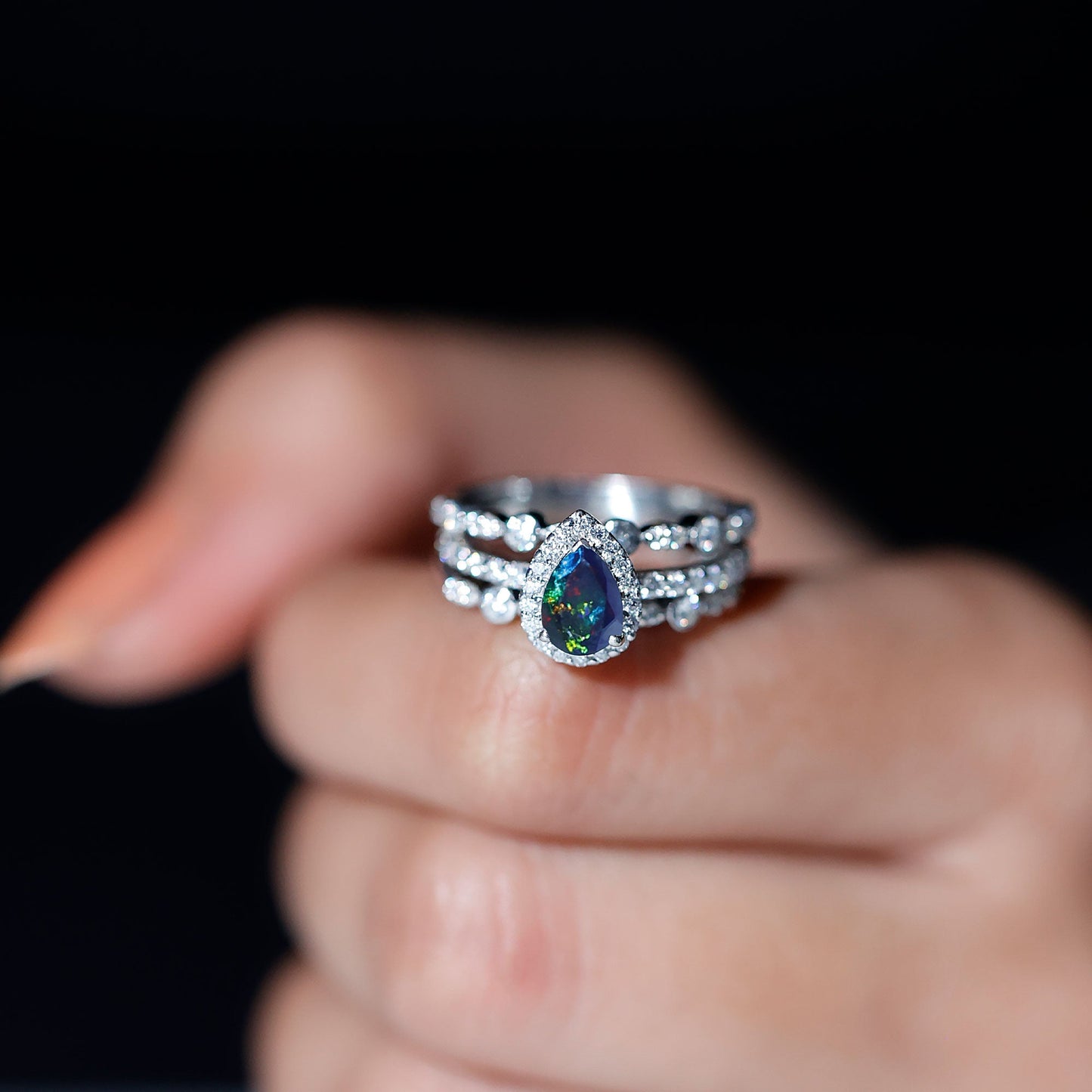 0.7 Carat Pear Cut Black Opal Trio Wedding Ring Set with Moissanite