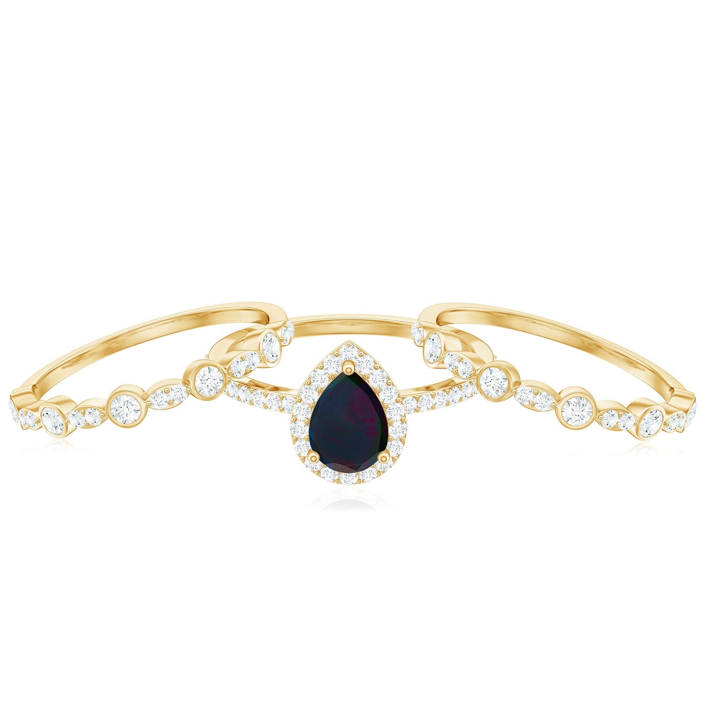 0.7 Carat Pear Cut Black Opal Trio Wedding Ring Set with Moissanite