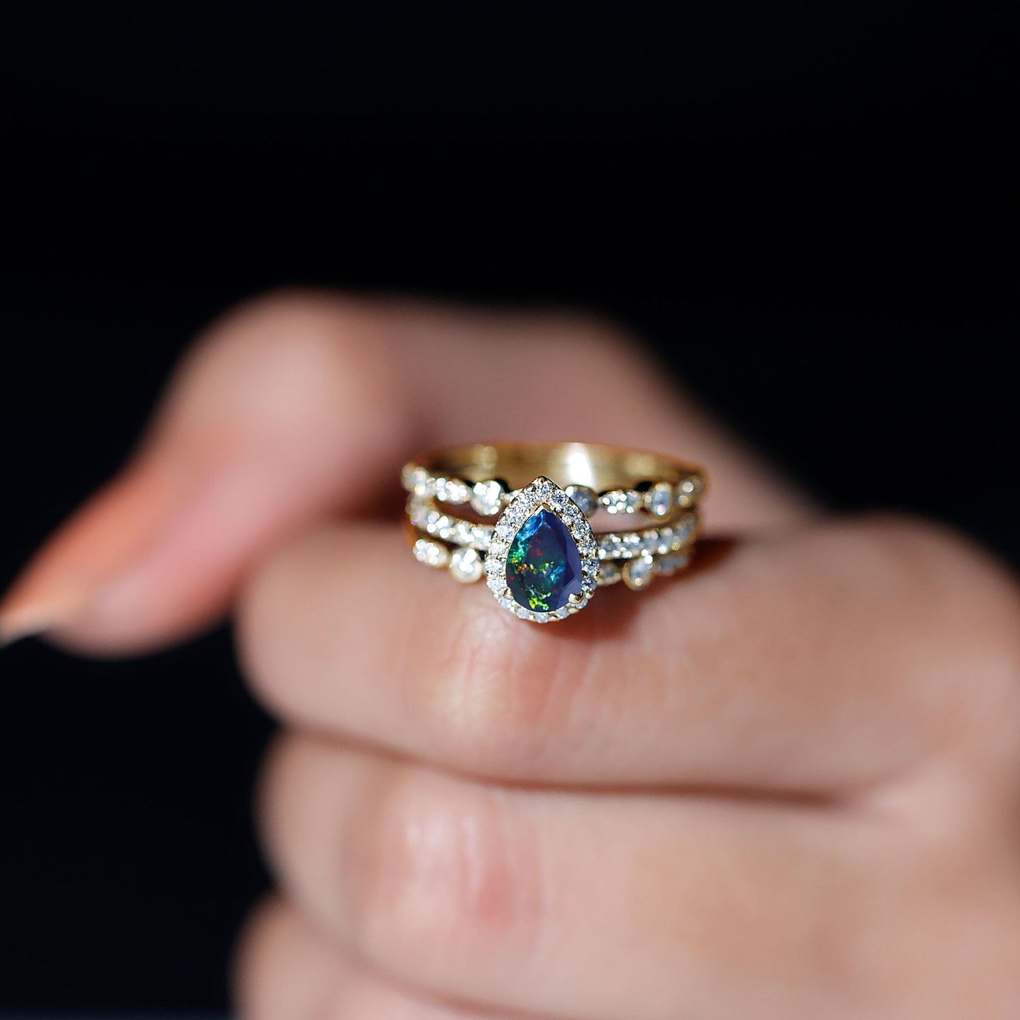 0.7 Carat Pear Cut Black Opal Trio Wedding Ring Set with Moissanite