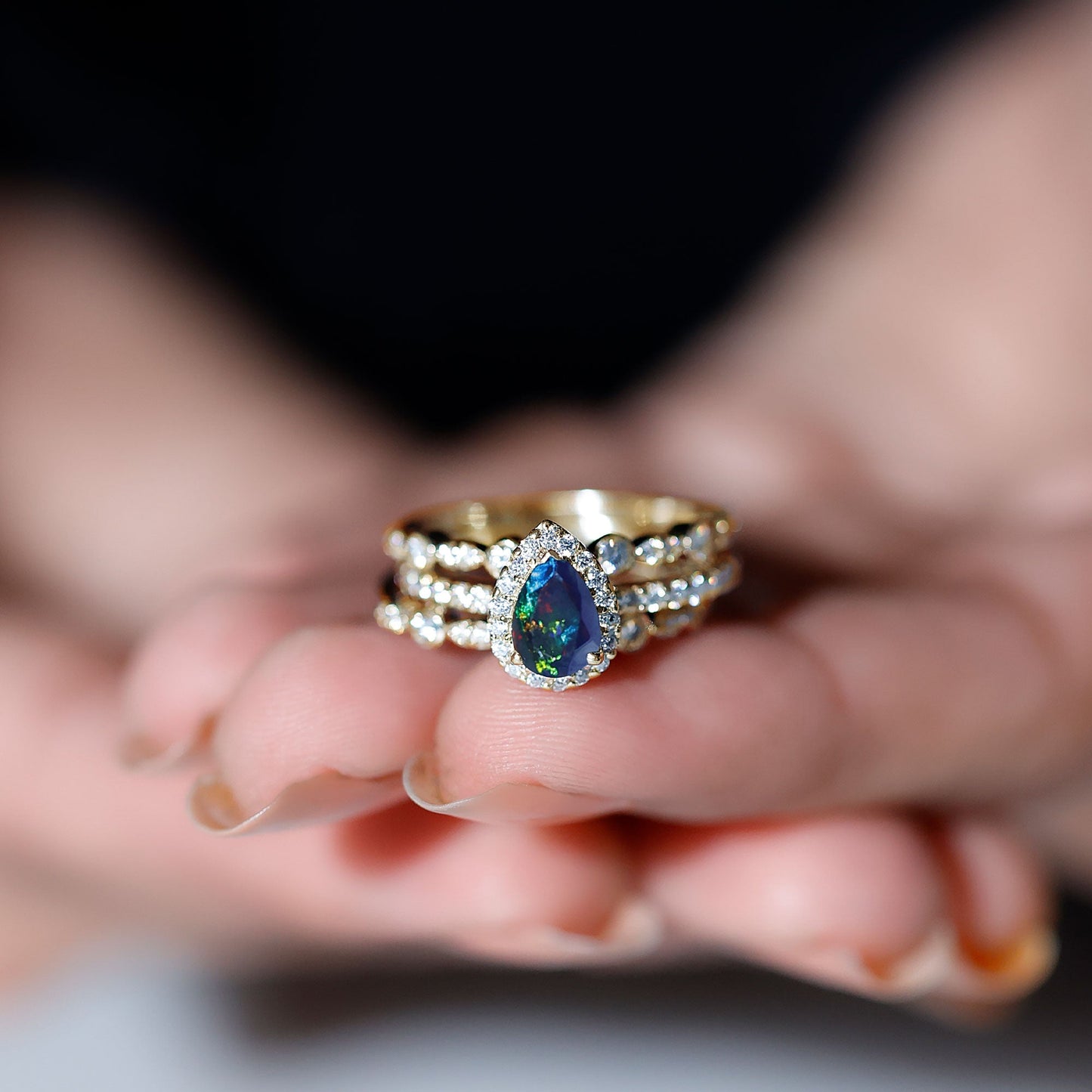 0.7 Carat Pear Cut Black Opal Trio Wedding Ring Set with Moissanite
