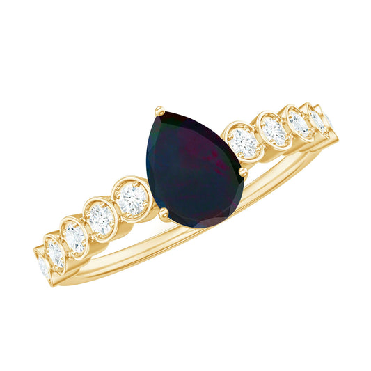 Pear Cut Black Opal and Diamond Side Stone Engagement Ring
