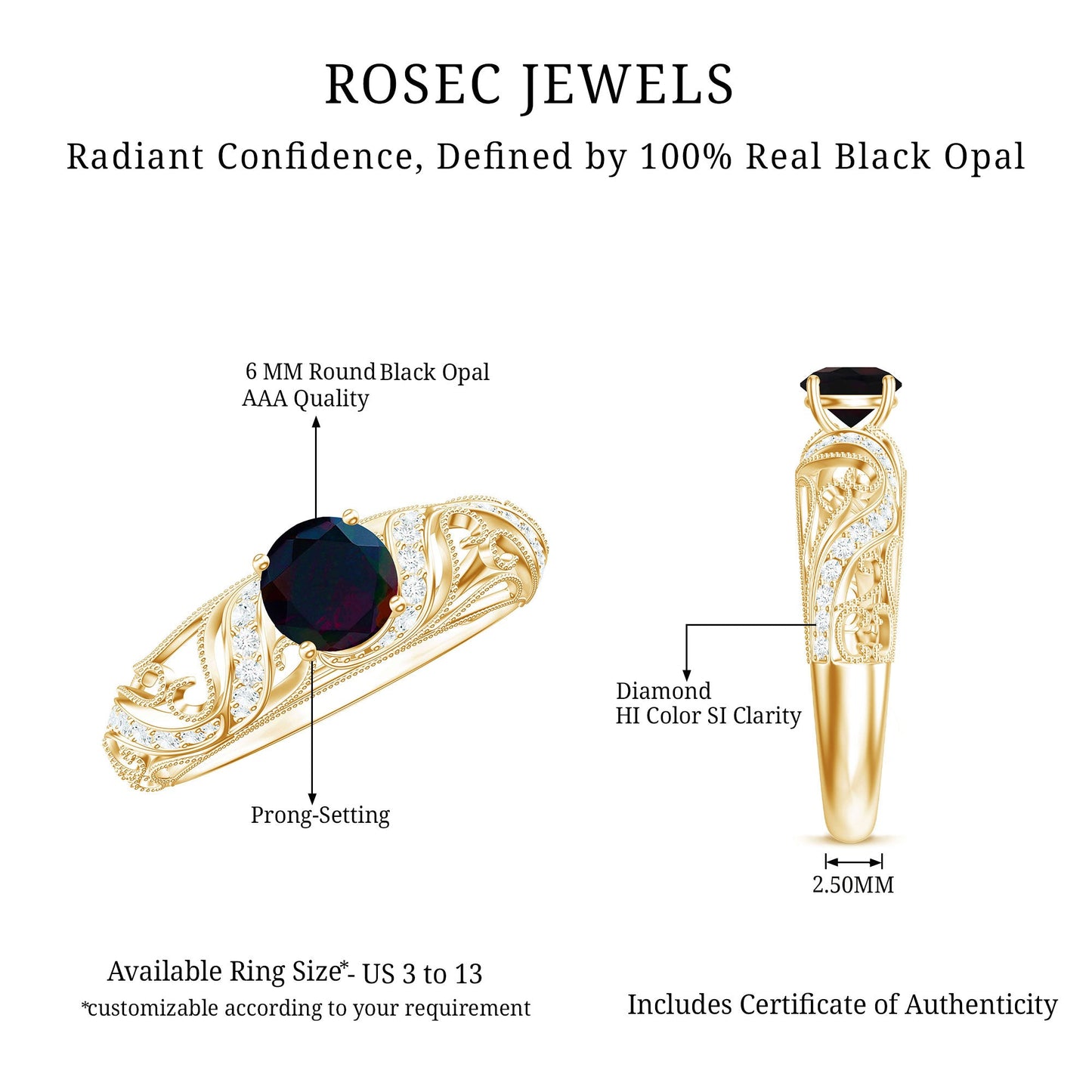 Natural Black Opal Vintage Inspired Engagement Ring
