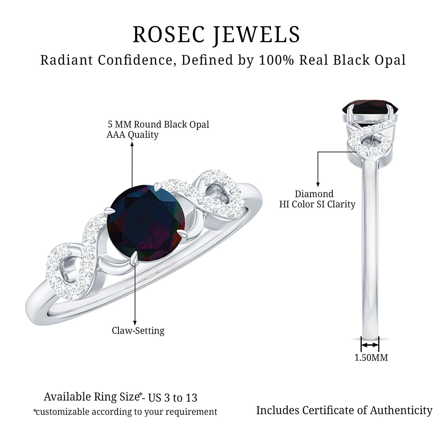 Round Black Opal Criss Cross Promise Ring with Diamond