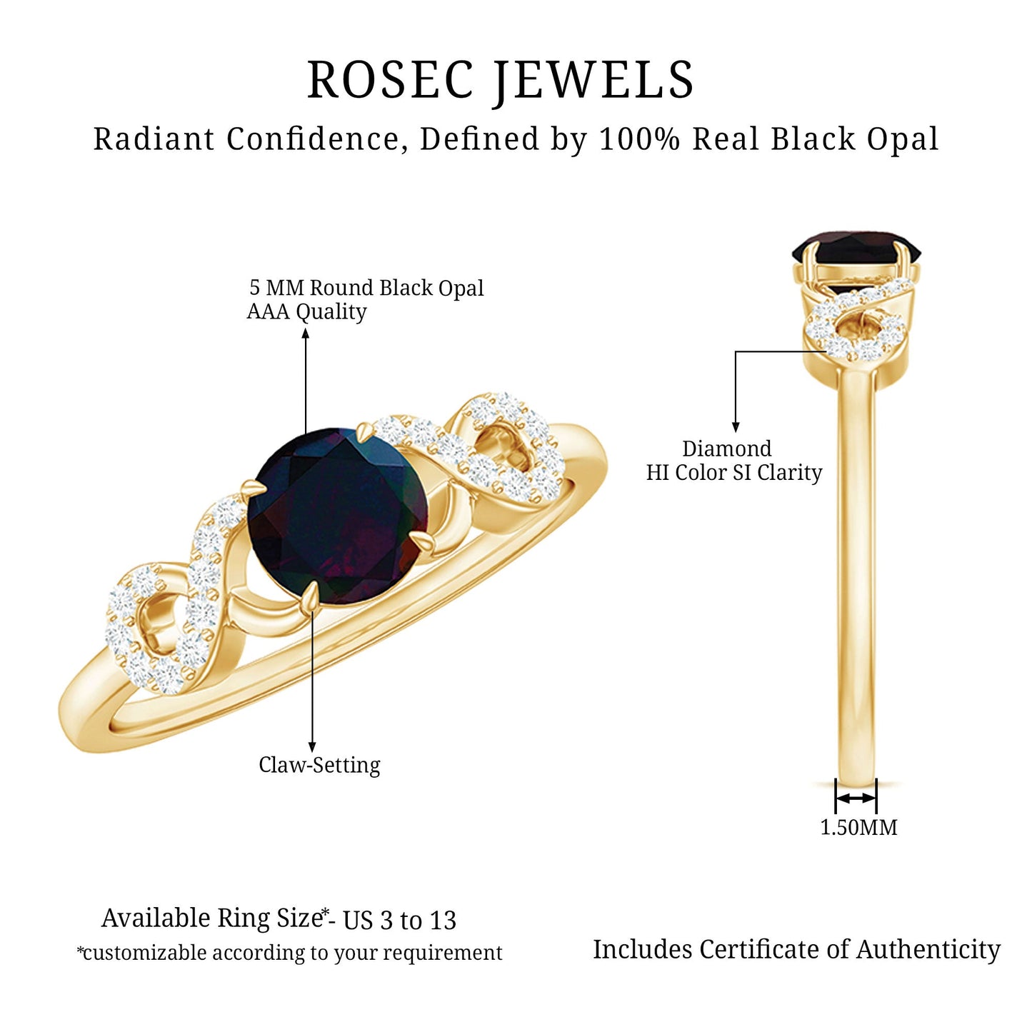 Round Black Opal Criss Cross Promise Ring with Diamond
