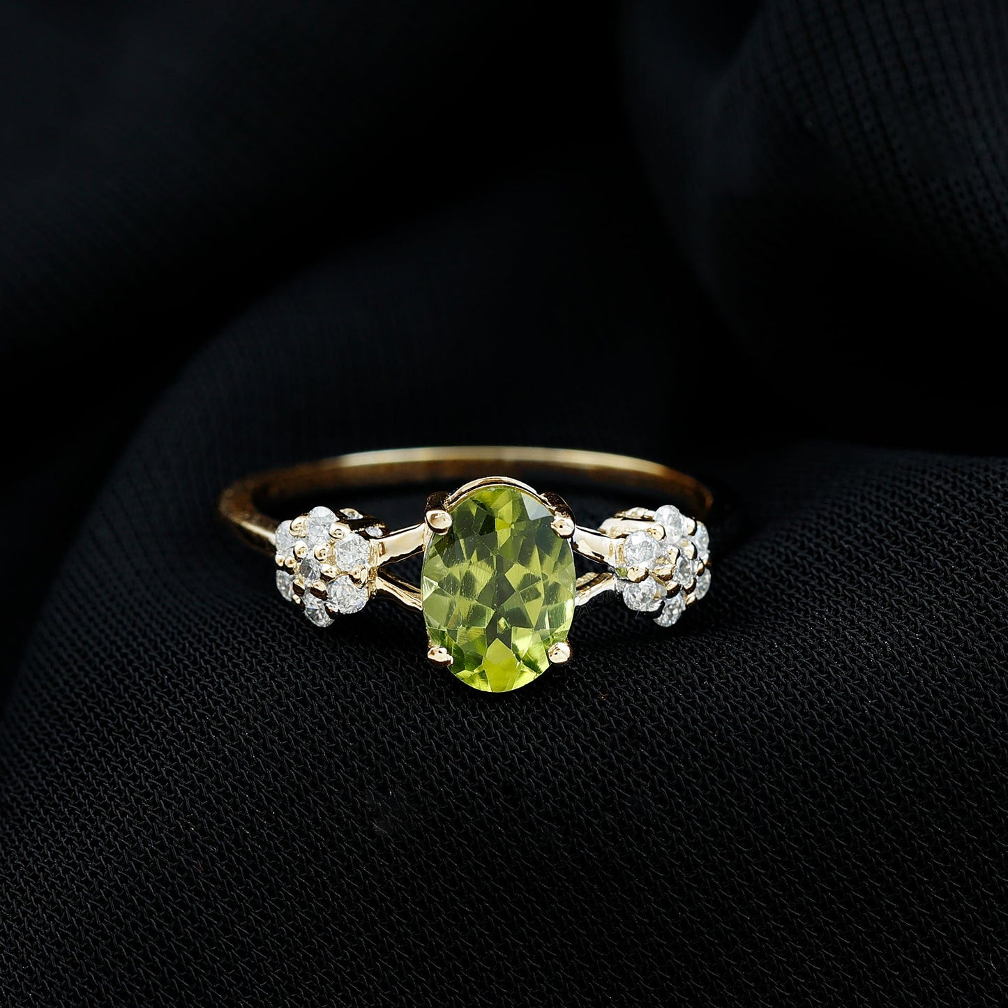1 Carat Oval Cut Peridot Flower Engagement Ring with Diamonds