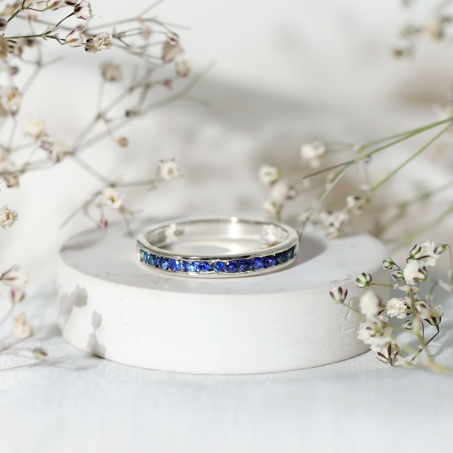 Natural Blue Sapphire Half Eternity Stackable Ring for Women