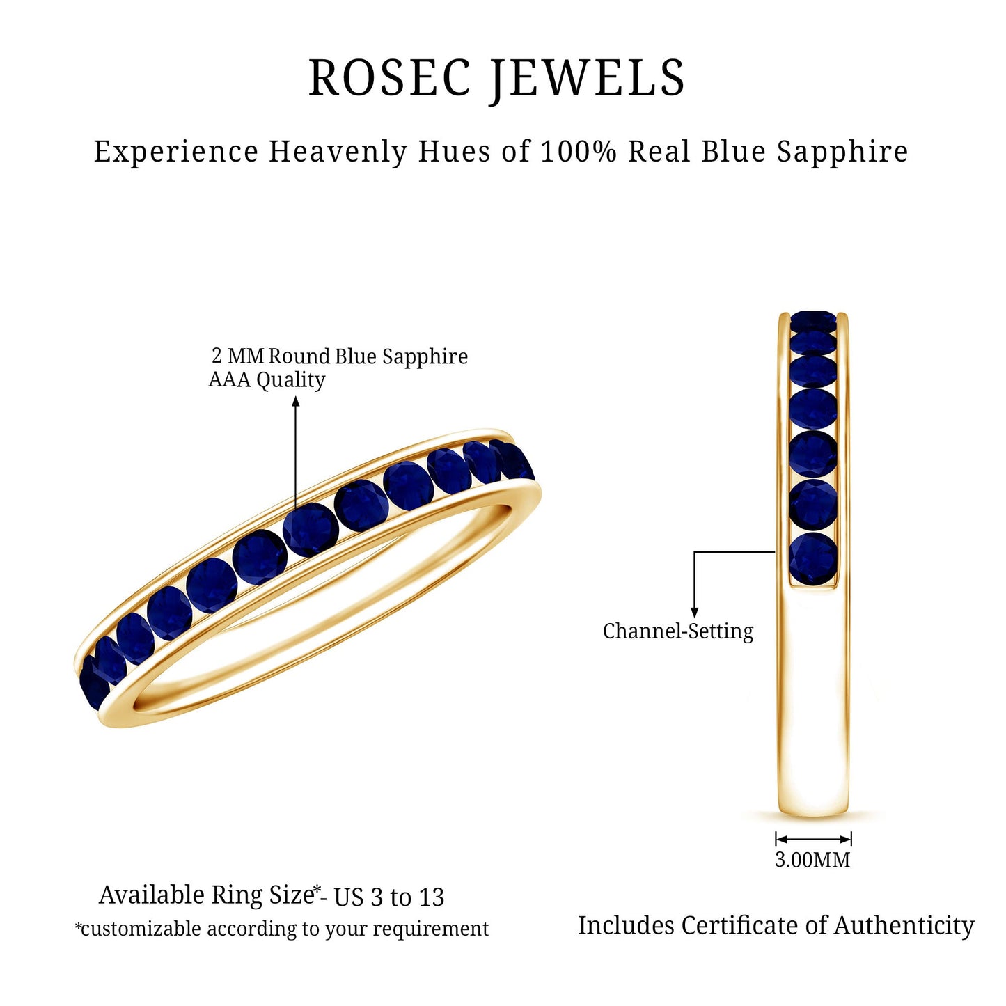 Natural Blue Sapphire Half Eternity Stackable Ring for Women