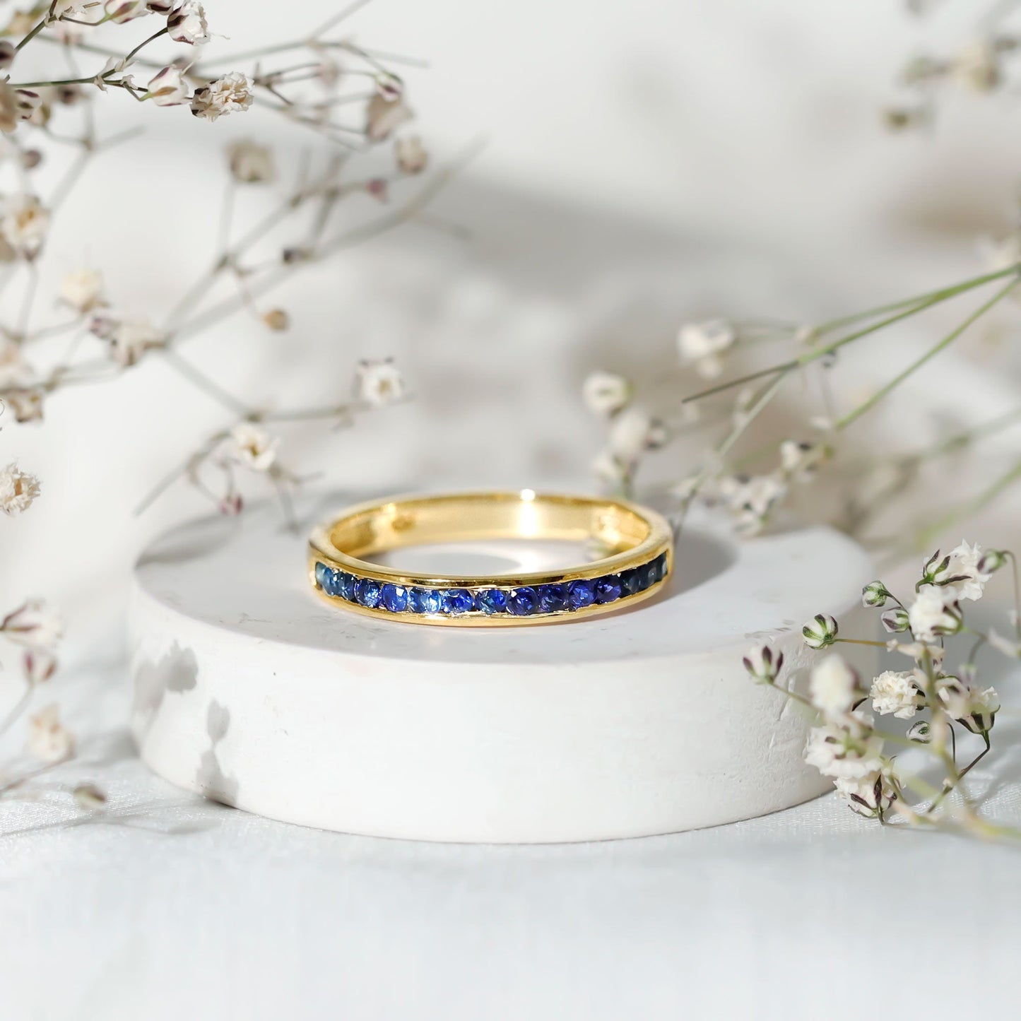 Natural Blue Sapphire Half Eternity Stackable Ring for Women
