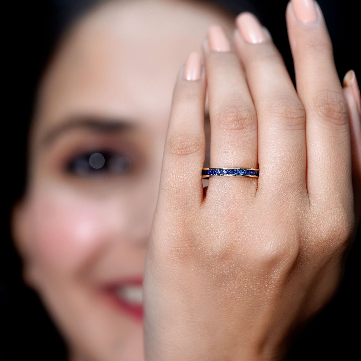 Natural Blue Sapphire Half Eternity Stackable Ring for Women