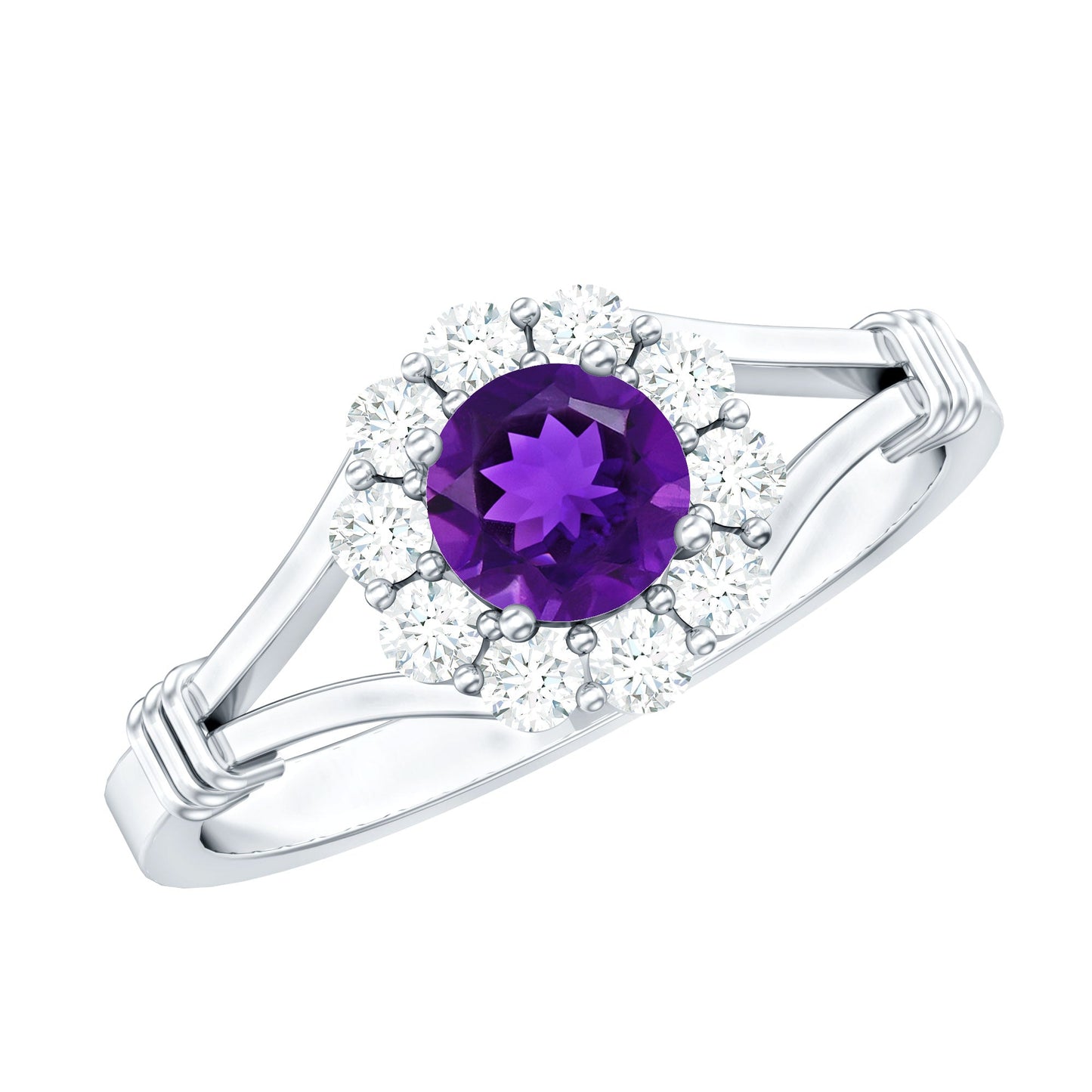 0.45 Carat Amethyst and Diamond Halo Engagement Ring in Split Shank