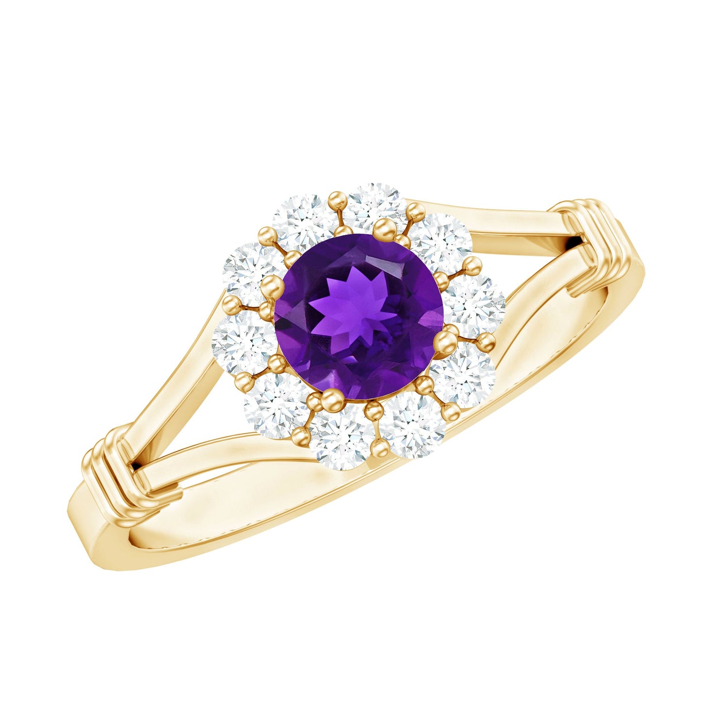 0.45 Carat Amethyst and Diamond Halo Engagement Ring in Split Shank