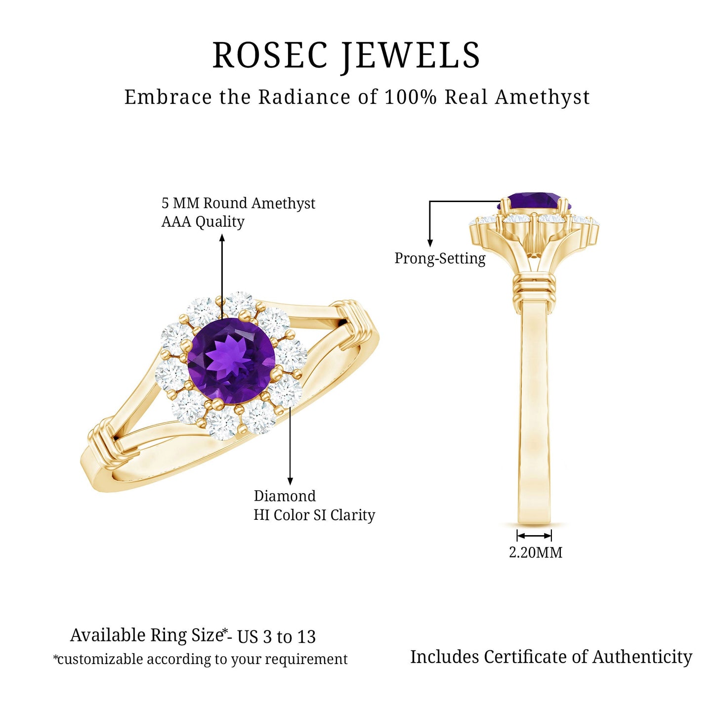 0.45 Carat Amethyst and Diamond Halo Engagement Ring in Split Shank