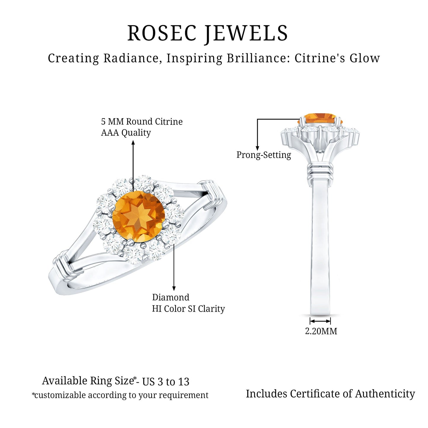 Genuine Citrine Diamond Flower Engagement Ring with Split Shank