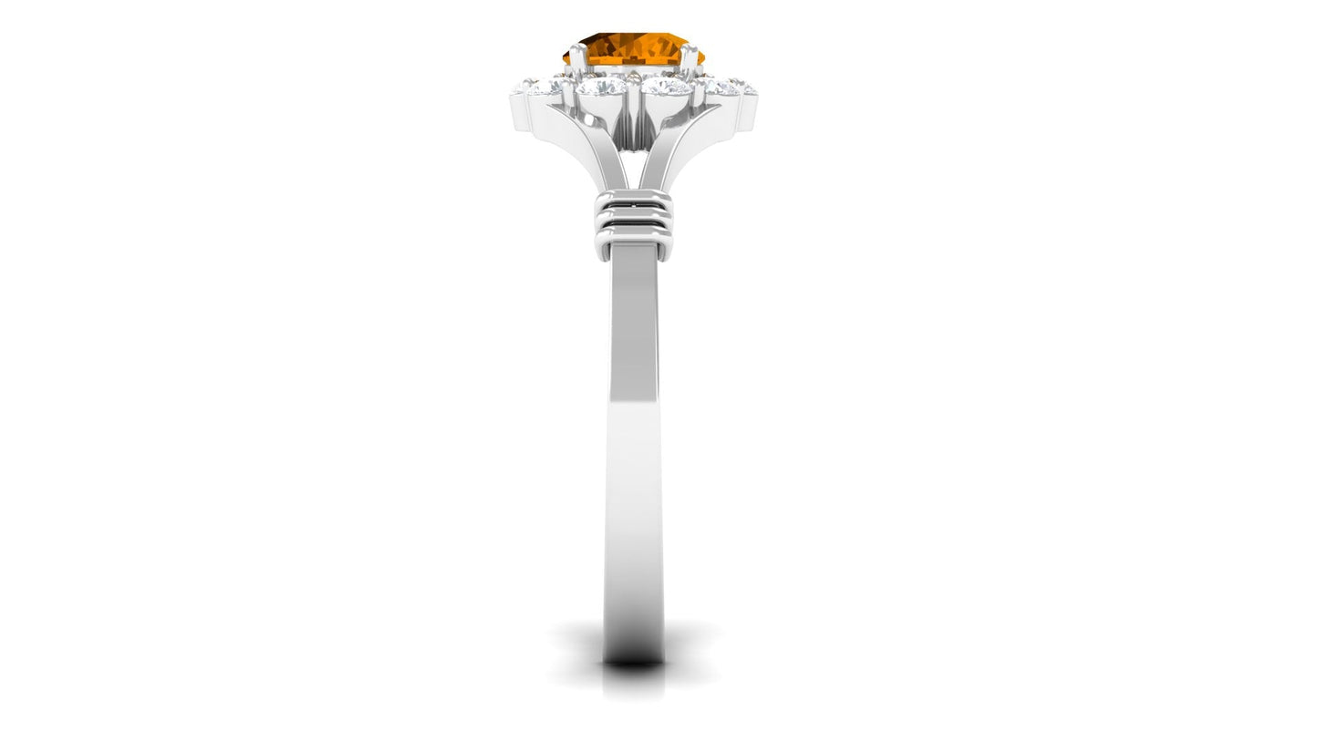 Genuine Citrine Diamond Flower Engagement Ring with Split Shank