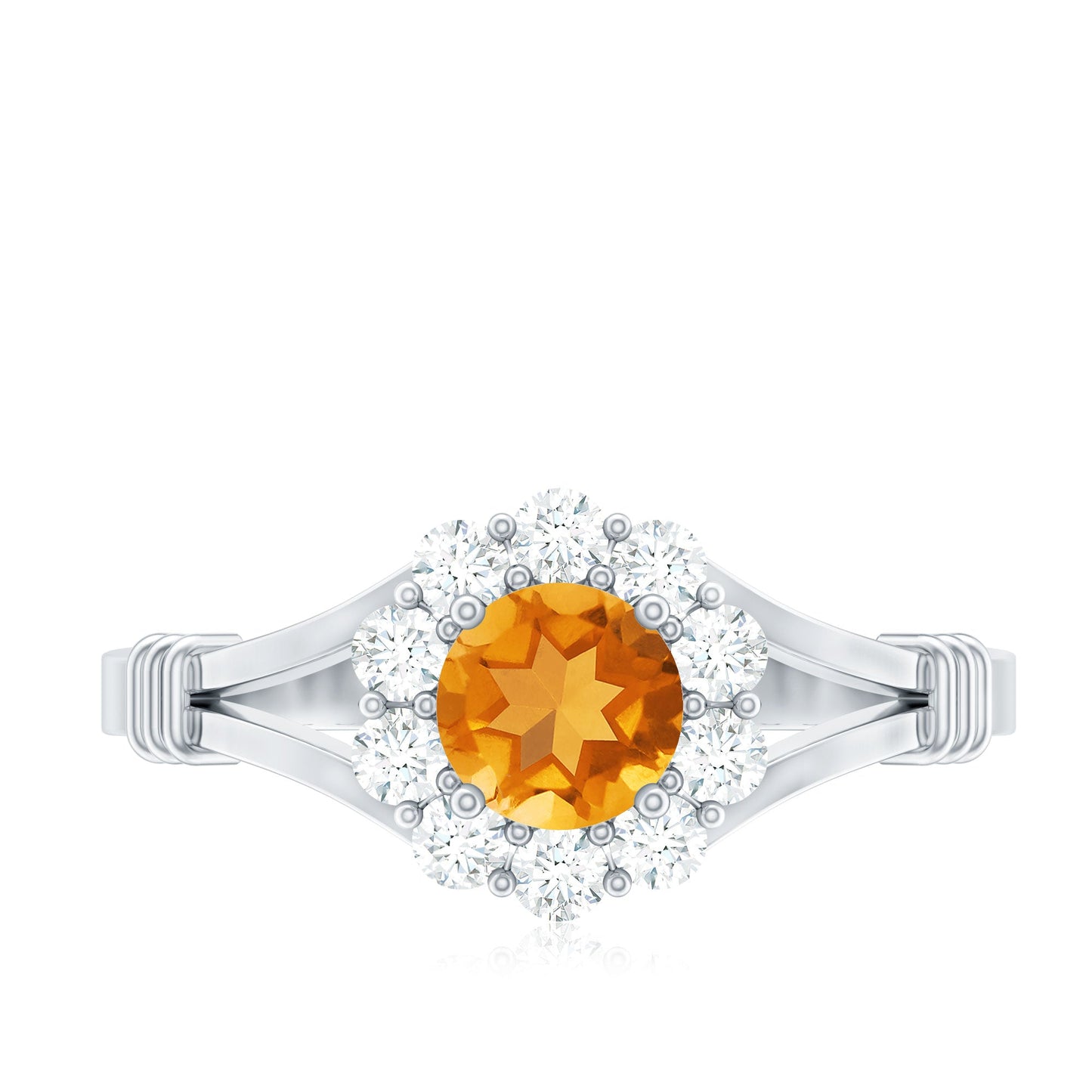 Genuine Citrine Diamond Flower Engagement Ring with Split Shank