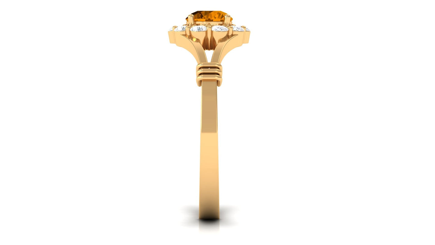 Genuine Citrine Diamond Flower Engagement Ring with Split Shank