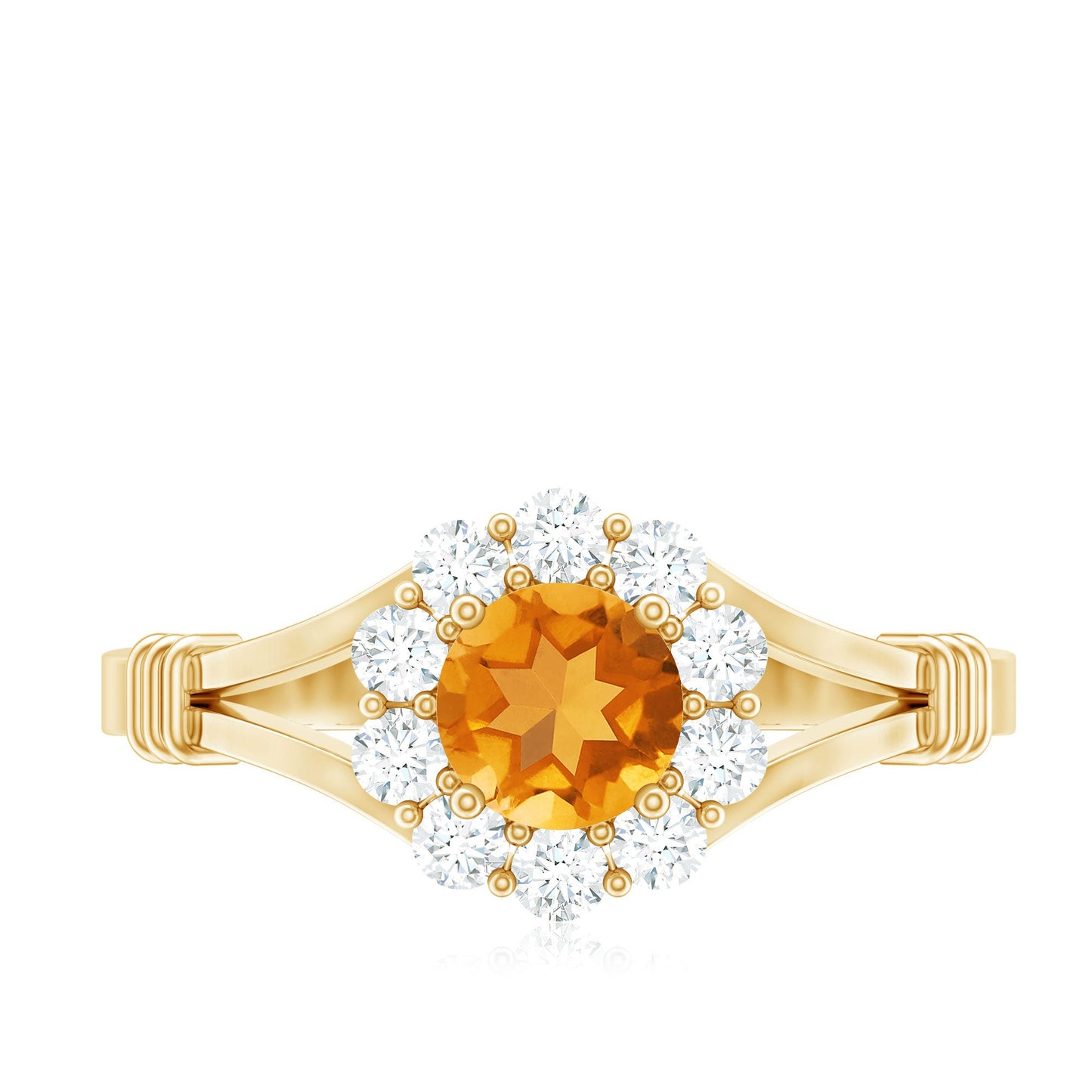 Genuine Citrine Diamond Flower Engagement Ring with Split Shank