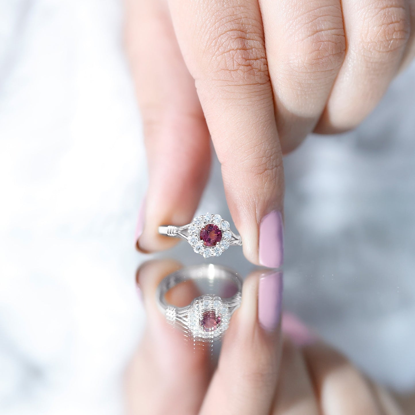 Real Pink Tourmaline and Diamond Engagement Ring in Split Shank