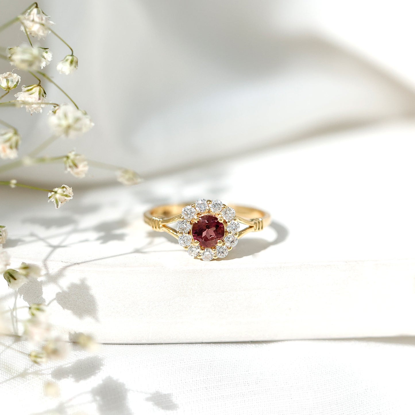 Real Pink Tourmaline and Diamond Engagement Ring in Split Shank